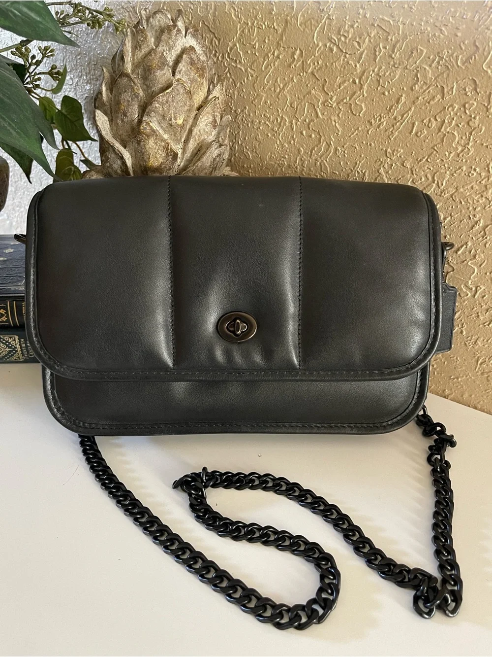 Coach Black Leather Crossbody Bag with Chain Strap